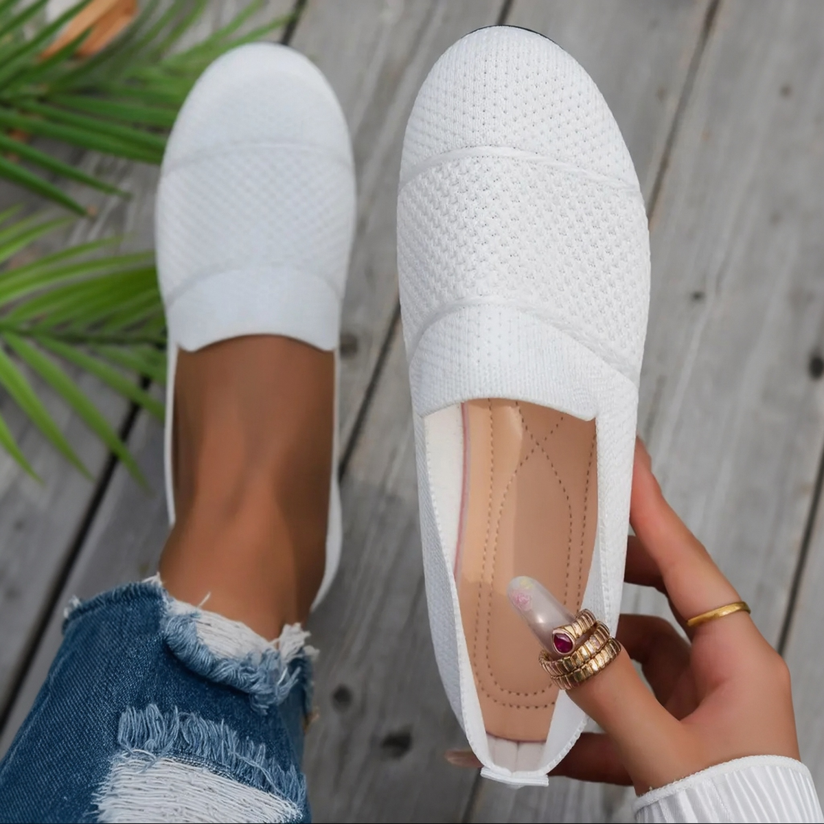 Women's Knit Round-Toe Slip-On Ballet Flats, Breathable PU