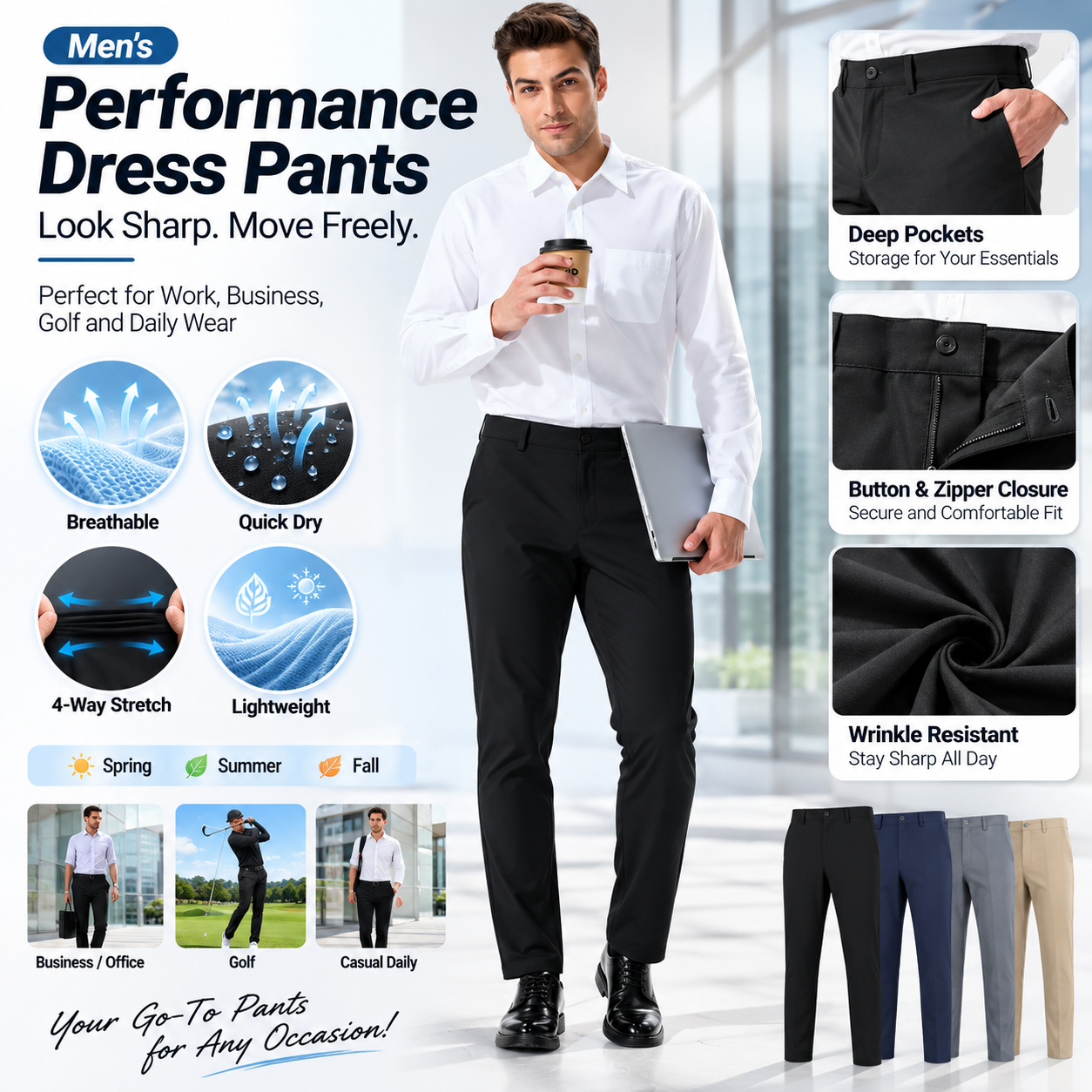 Men's Golf Pants Quick Dry Stretch Work Dress