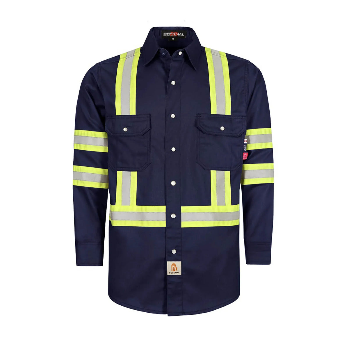 Men's FR Hi Vis Pearl Snap Safety Work Shirt, 7.5oz 100% Cotton Reflective Workwear