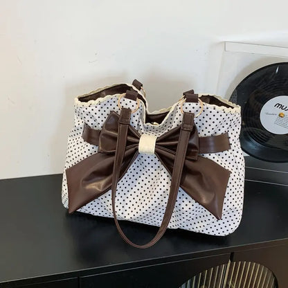 Women's Vintage Polka Dot Canvas Tote Bag with Large Bow and Lace Trim