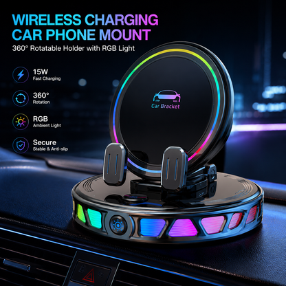 360° Rotating Wireless Charging Car Phone Mount with RGB LED Lights
