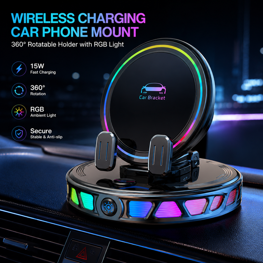 360° Rotating Wireless Charging Car Phone Mount with RGB LED Lights