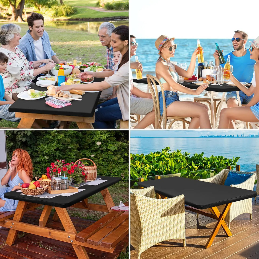 Collage of fitted table covers used for dining, picnic and patio scenes