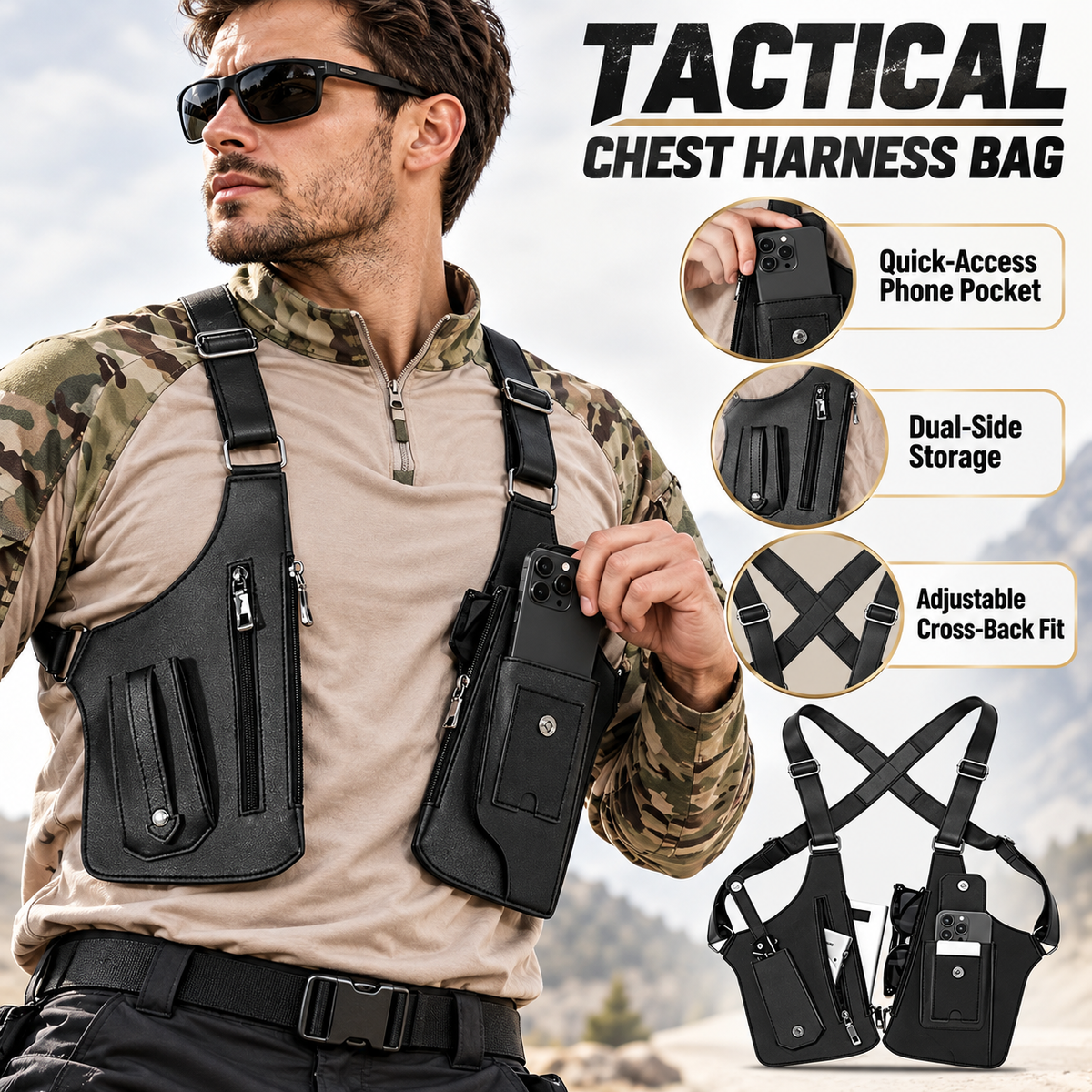 Double-shoulder underarm bag worn across the chest with quick-access pockets