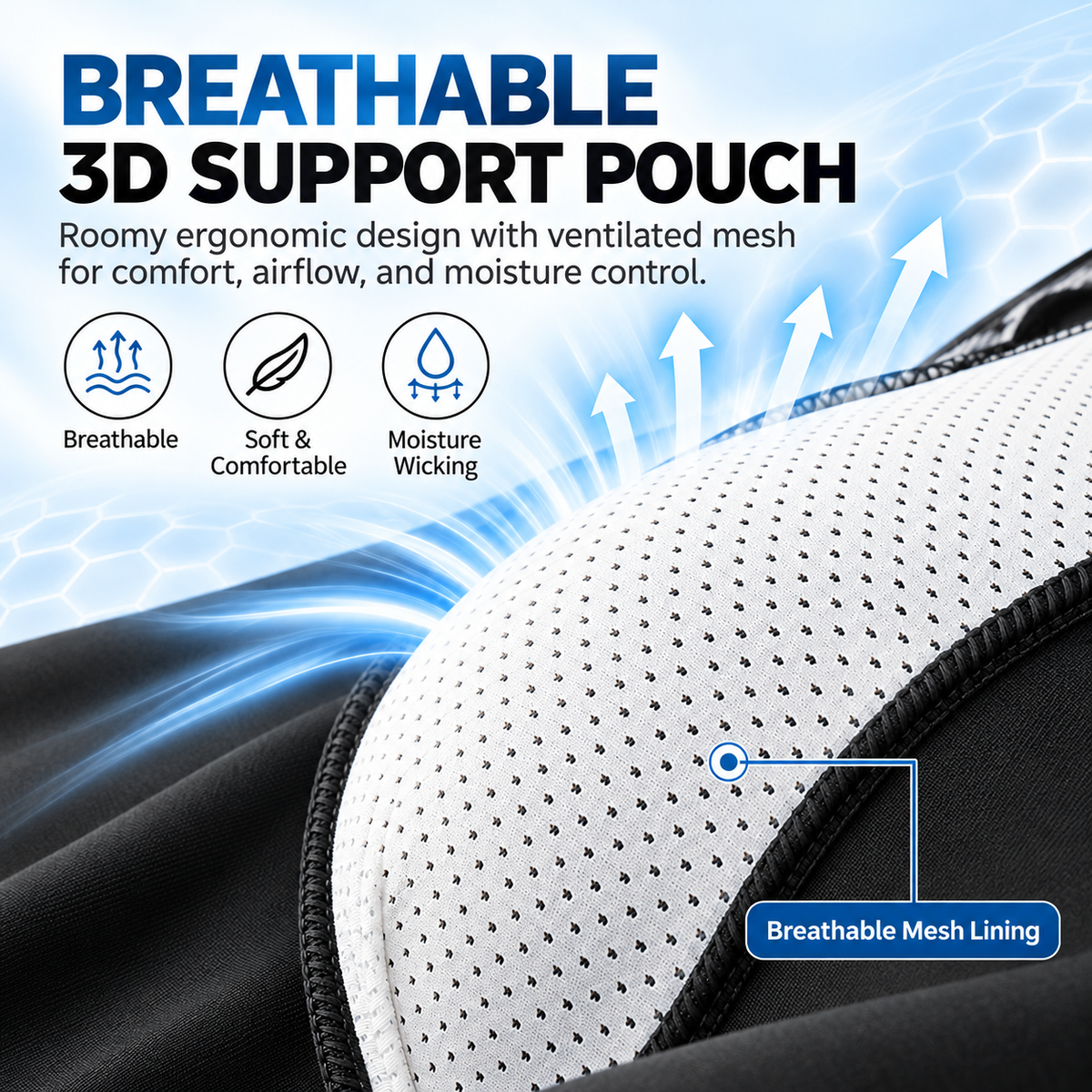 Close-up of breathable mesh lining in the shaped front pouch