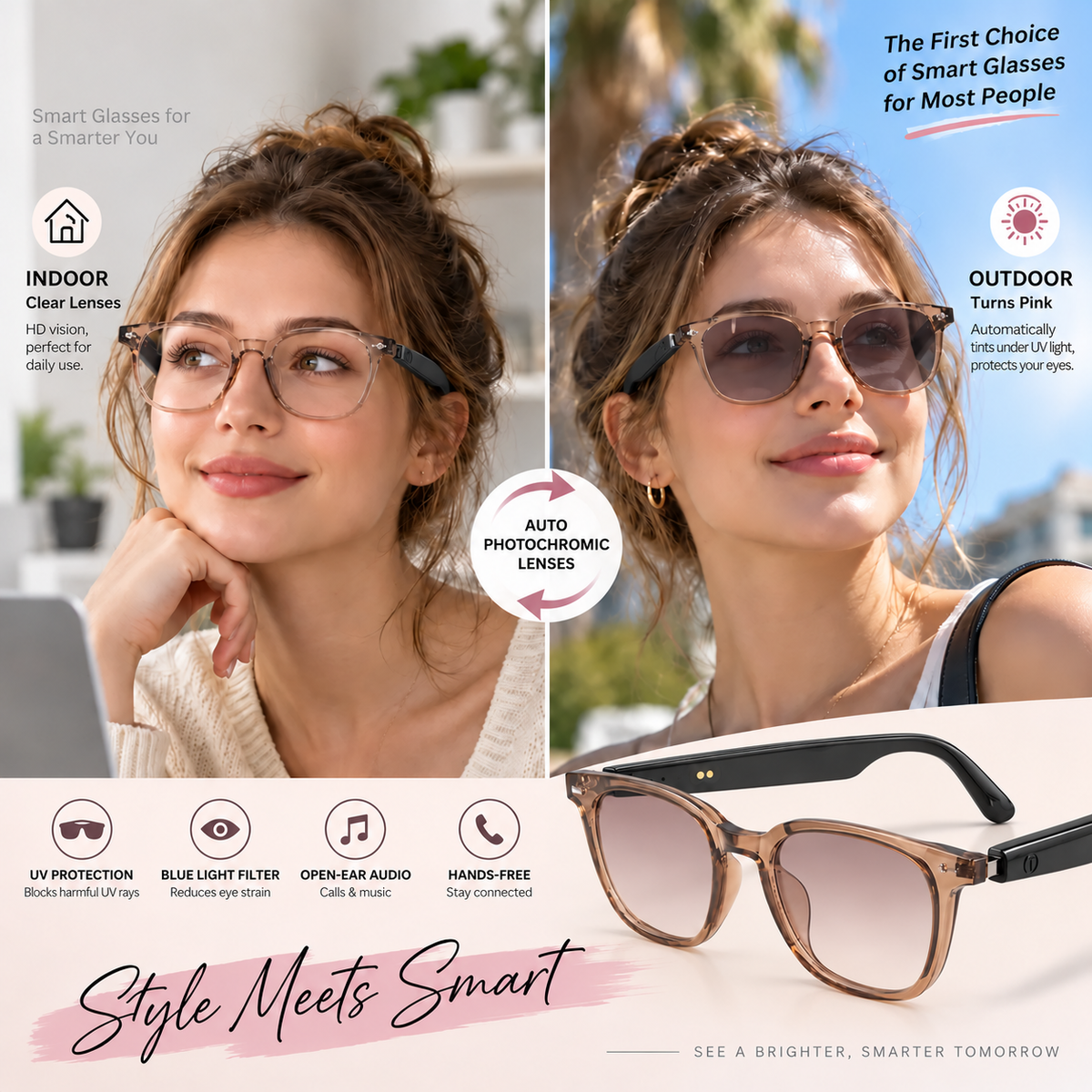 Smart Photochromic Bluetooth Audio Glasses with Anti-Blue Light Lenses