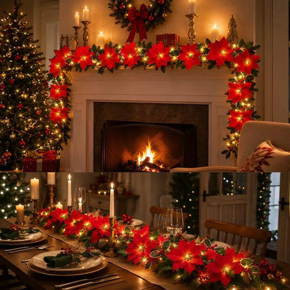LED Poinsettia Christmas Garland Lights for Holiday Decor