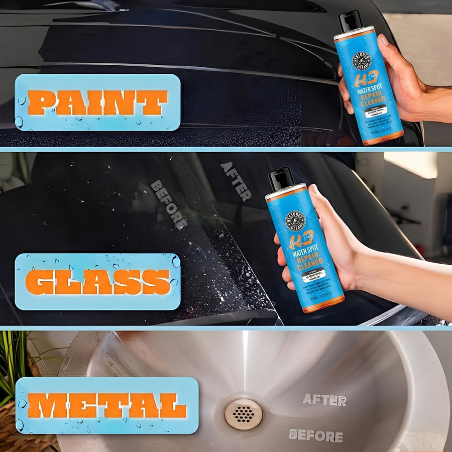 Water spot remover works on paint, glass and metal before and after