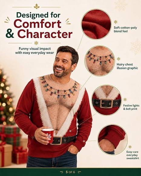 Funny Santa Ugly Christmas Sweatshirt for Men, Fake Abs Santa Shirt