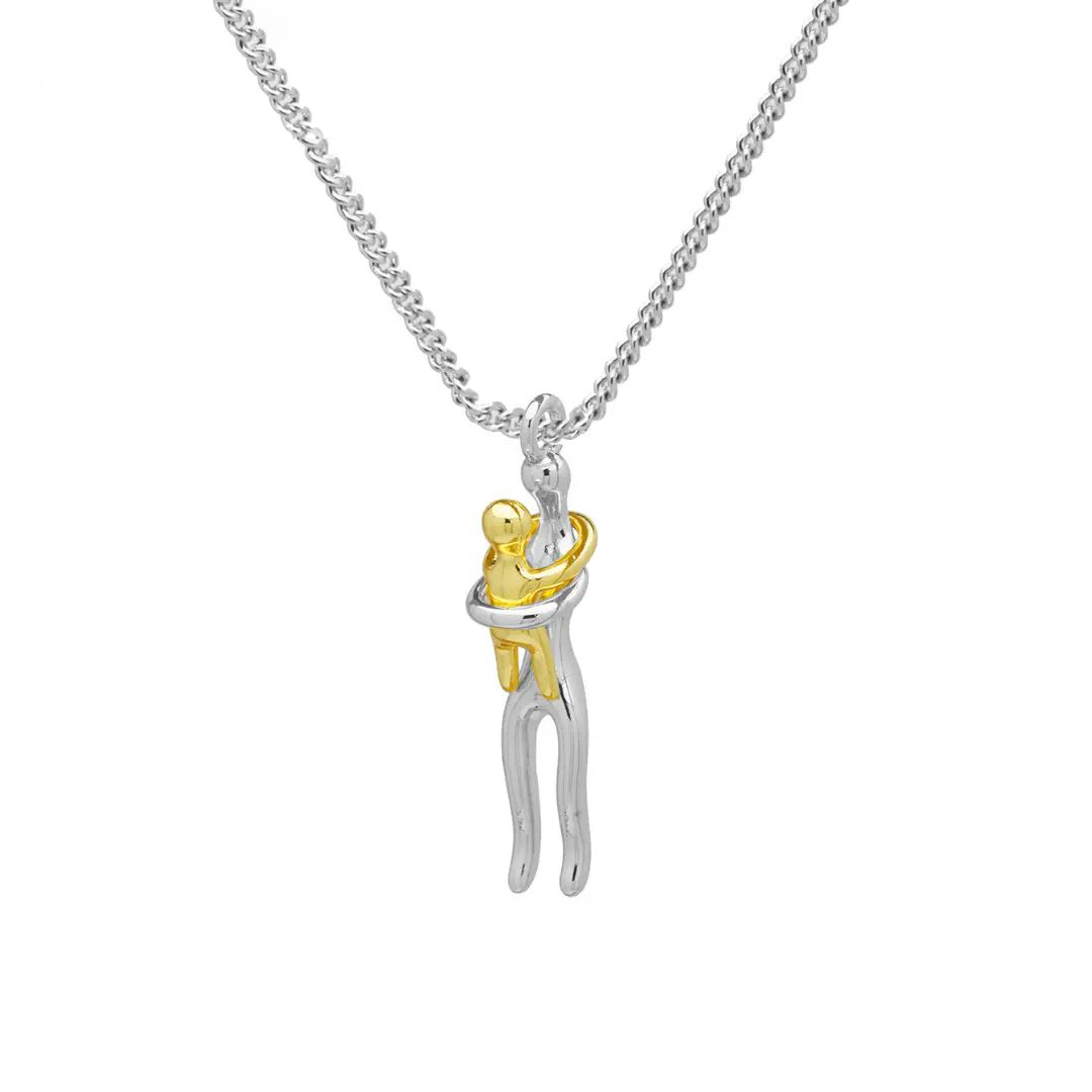 Hug Embrace Pendant Necklace for Mom & Child, Silver Gold Two-Tone Family Jewelry