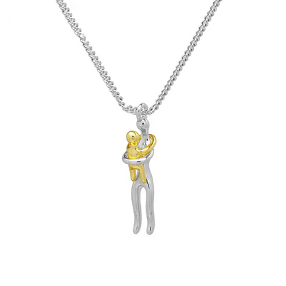 Hug Embrace Pendant Necklace for Mom & Child, Silver Gold Two-Tone Family Jewelry