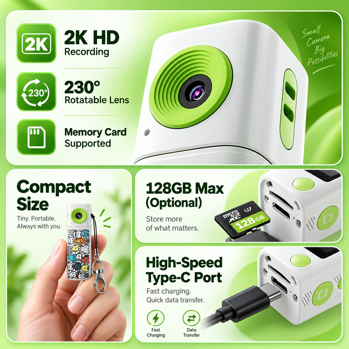 2K Digital Camera G10 TFT LCD Screen Keychain Camera Support Memory Card Very Small Camcorder Video Recorder 360° Rotatable Lens (White)