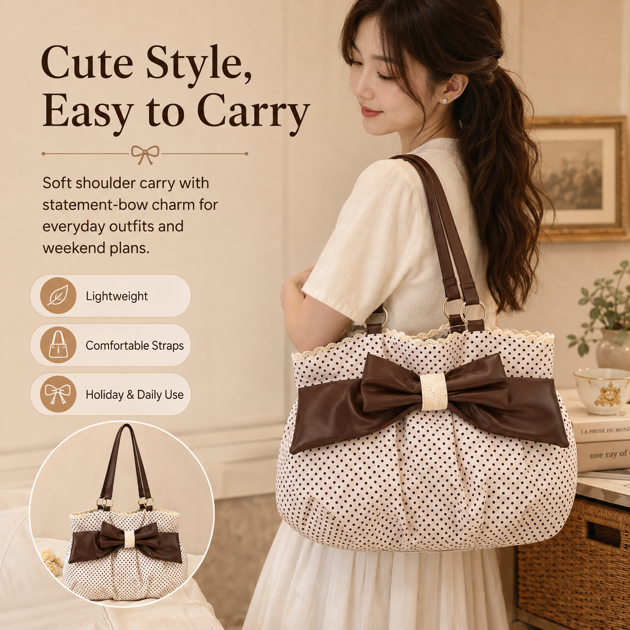 Women's Vintage Polka Dot Canvas Tote Bag with Large Bow and Lace Trim