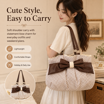 Women's Vintage Polka Dot Canvas Tote Bag with Large Bow and Lace Trim