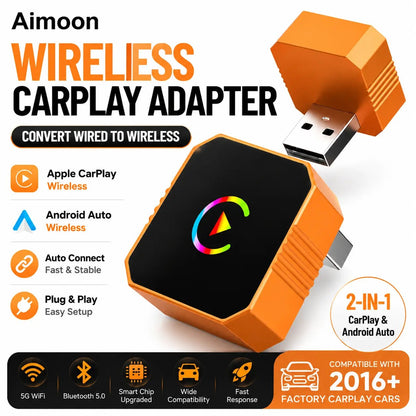 2 in 1 Wireless CarPlay Adapter, Plug & Play, Fast Auto Connection, Compatible with Factory CarPlay Cars 2016+