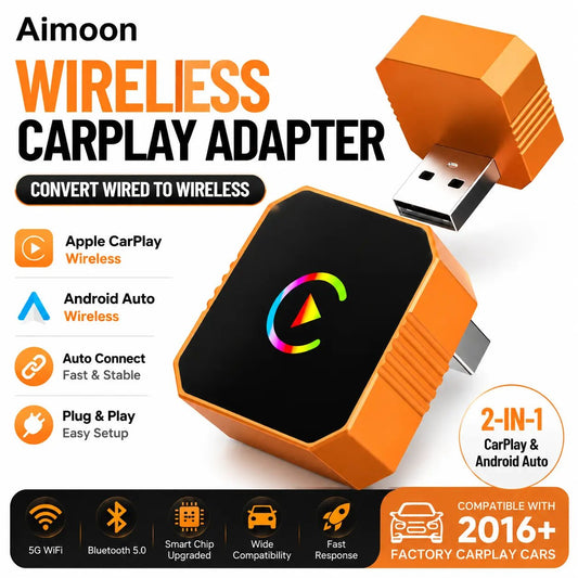 2 in 1 Wireless CarPlay Adapter, Plug & Play, Fast Auto Connection, Compatible with Factory CarPlay Cars 2016+