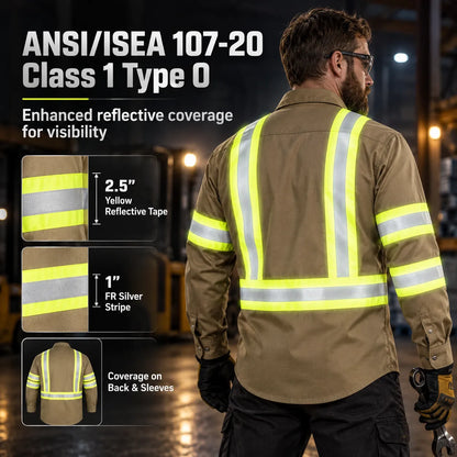 Men's FR Hi Vis Pearl Snap Safety Work Shirt, 7.5oz 100% Cotton Reflective Workwear