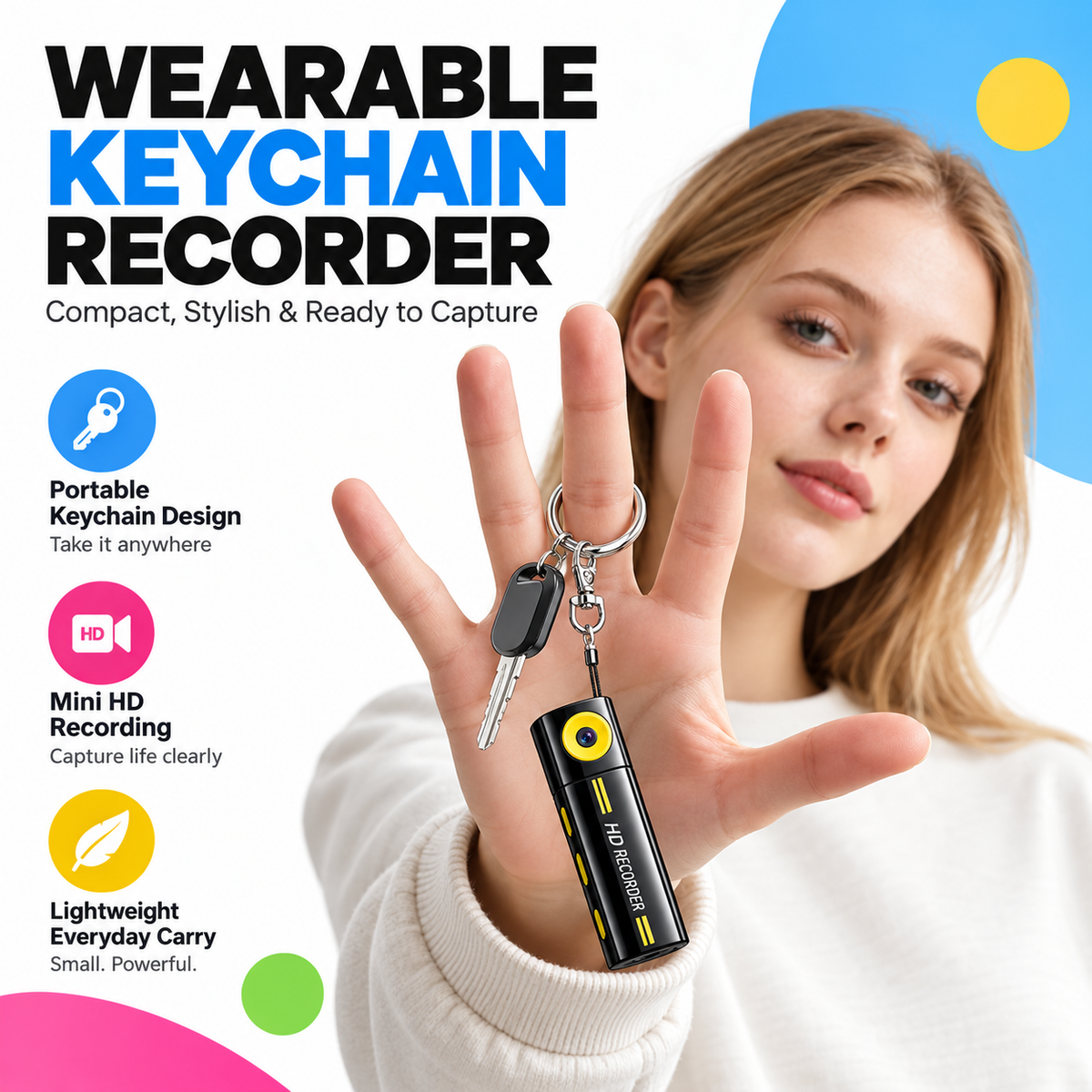 2K Digital Camera G10 TFT LCD Screen Keychain Camera Support Memory Card Very Small Camcorder Video Recorder 360° Rotatable Lens (White)