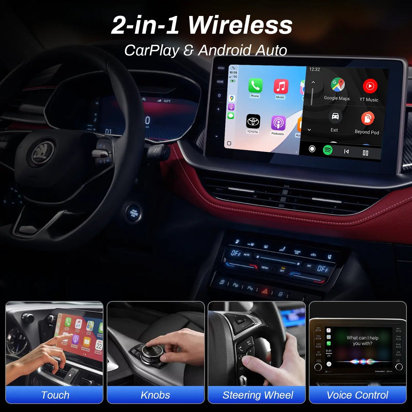2 in 1 Wireless CarPlay Adapter, Plug & Play, Fast Auto Connection, Compatible with Factory CarPlay Cars 2016+