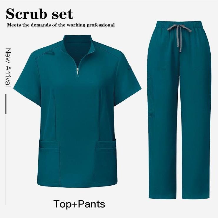 Unisex Surgical Scrubs Set with Stand Collar Zipper Top and Straight Leg Pants