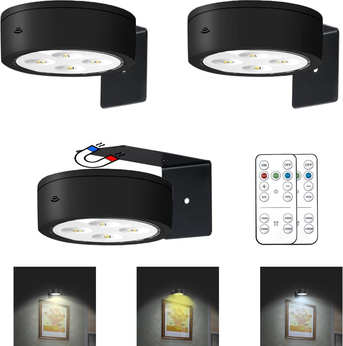 3-Pack Rechargeable Picture Lights for Wall
