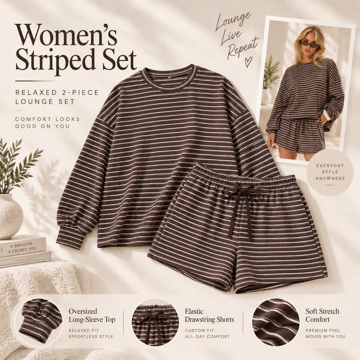 Women's Striped Oversized Lounge Set, Pink