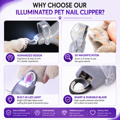🐾 LED Light Pet Nail Clippers | 5X Magnification Safe Nail Trimmer for Dogs & Cats