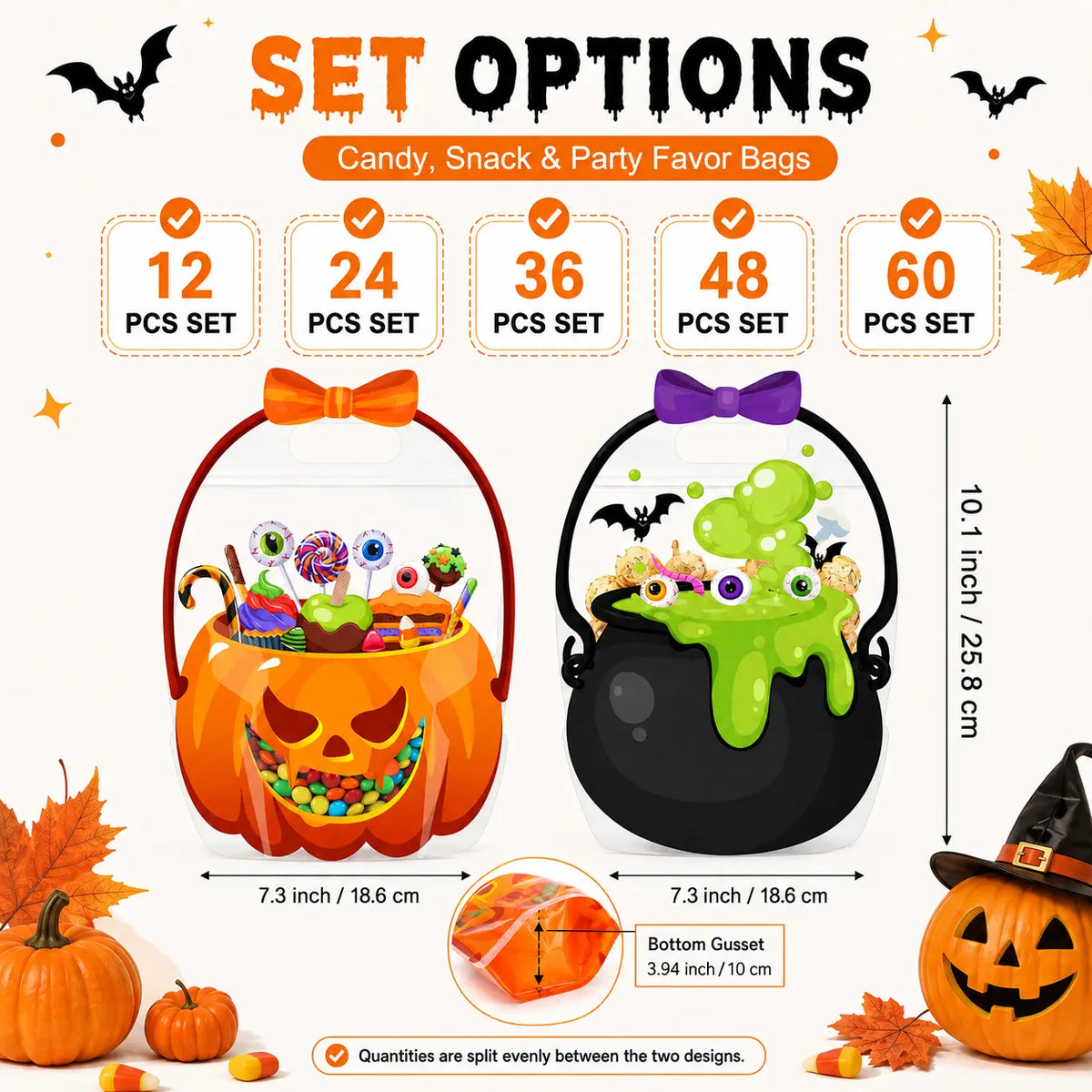 12/24/36/48/60 Pcs Halloween Plastic Goodie Bags,Trick or Treat Candy Bags