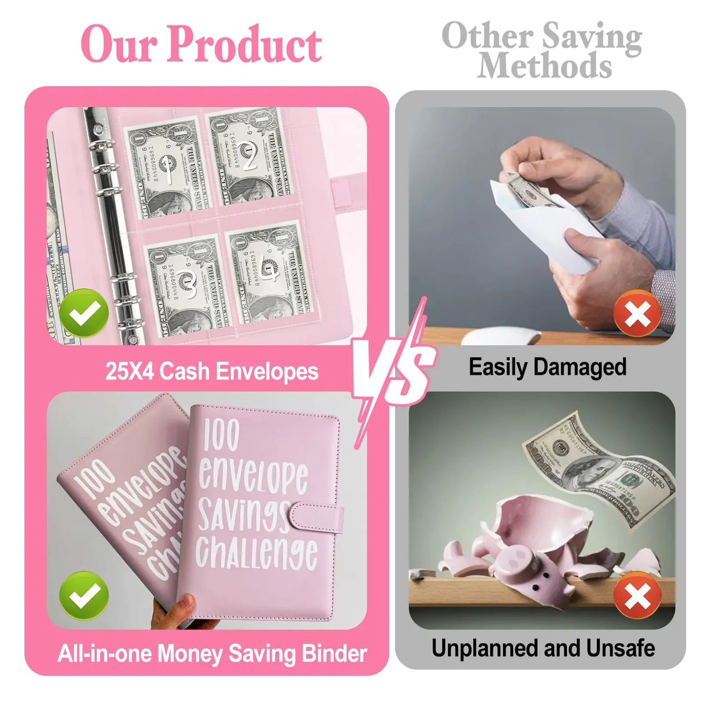 100 Envelopes Money Saving Challenge A5 Binder Pink
