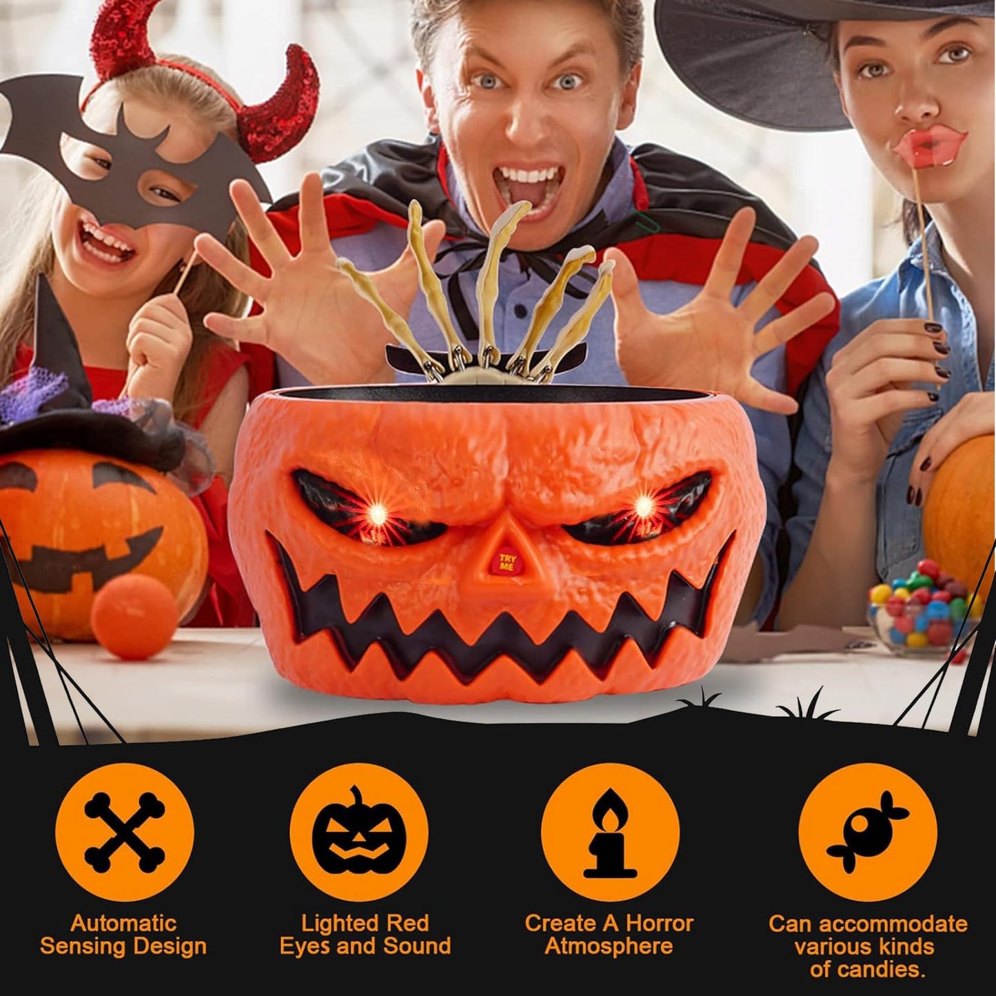 Halloween Candy Bowl, Animated Halloween Skull Pumpkin Bowl, Automatic Sensor/Button Press Scary Candy Dish with Creepy Moving Skeleton Hand and Scream for Trick or Treat to Kids(Pumpkin Style)