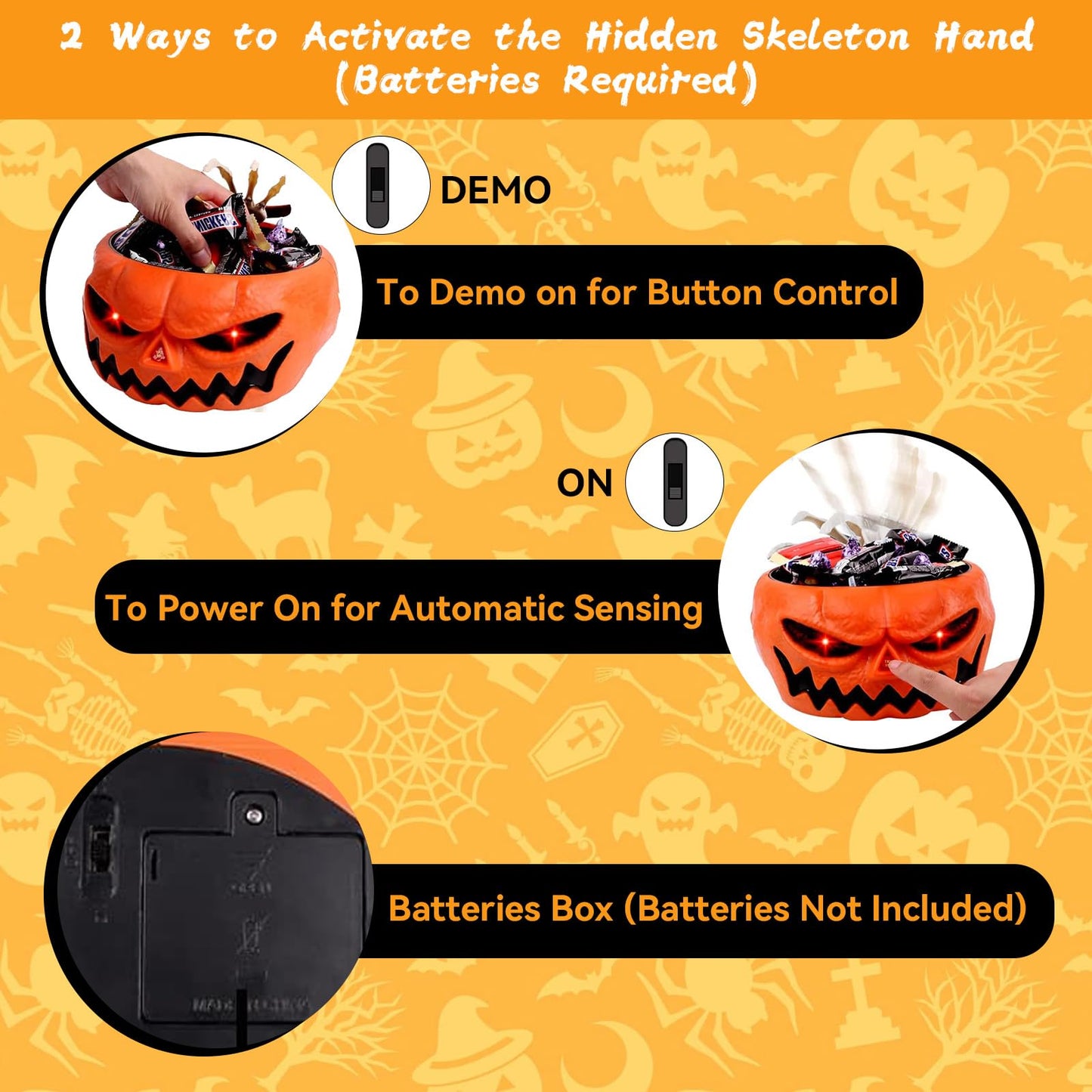 Halloween Candy Bowl, Animated Halloween Skull Pumpkin Bowl, Automatic Sensor/Button Press Scary Candy Dish with Creepy Moving Skeleton Hand and Scream for Trick or Treat to Kids(Pumpkin Style)