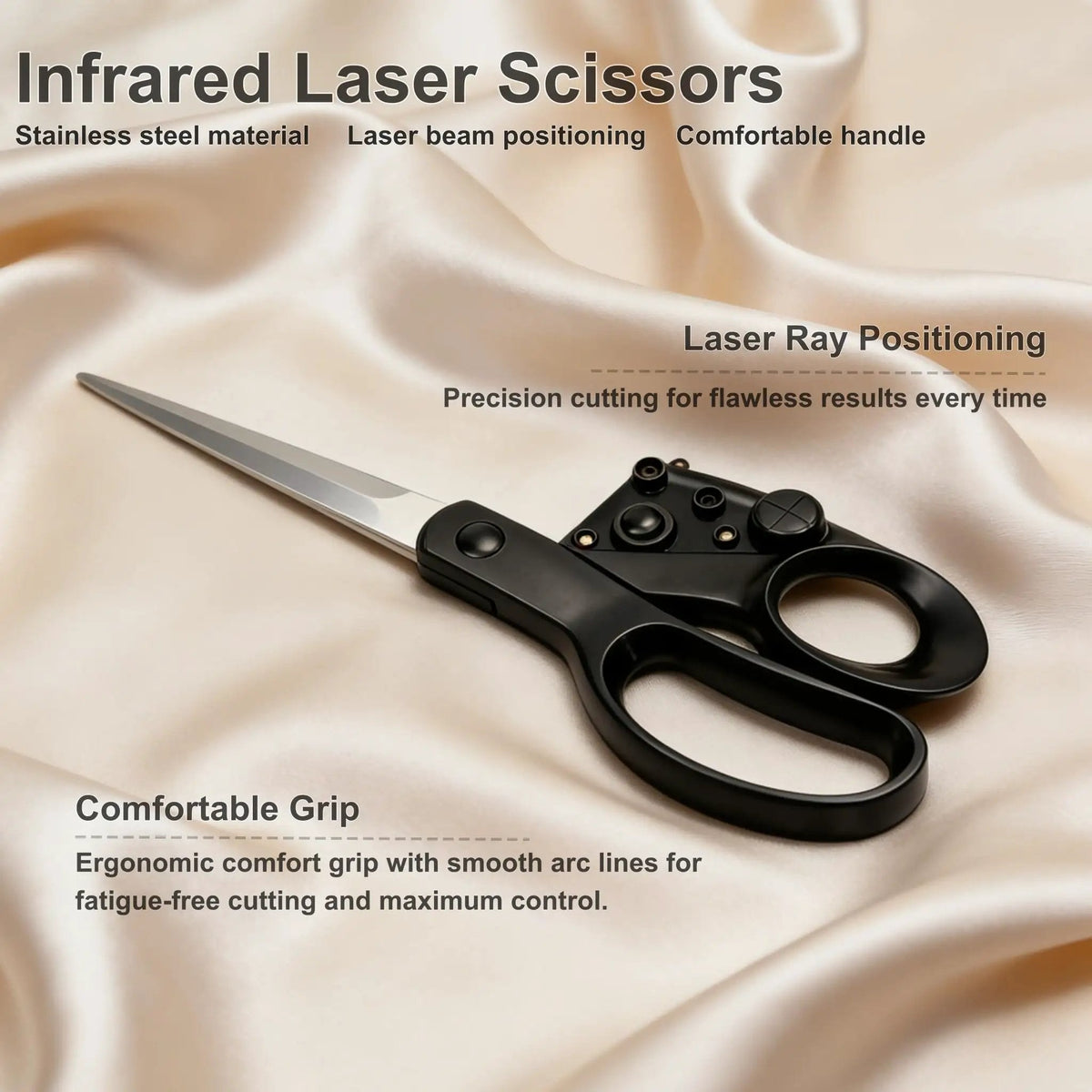 Laser guided scissors construction and ergonomic grip