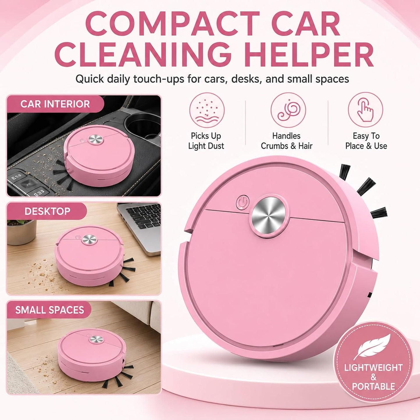 Mini Robot Vacuum Cleaner for Car & Desktop, Rechargeable Smart Automatic Vacuum Robot, Low Noise Portable Cleaner for Dust, Crumbs & Pet Hair