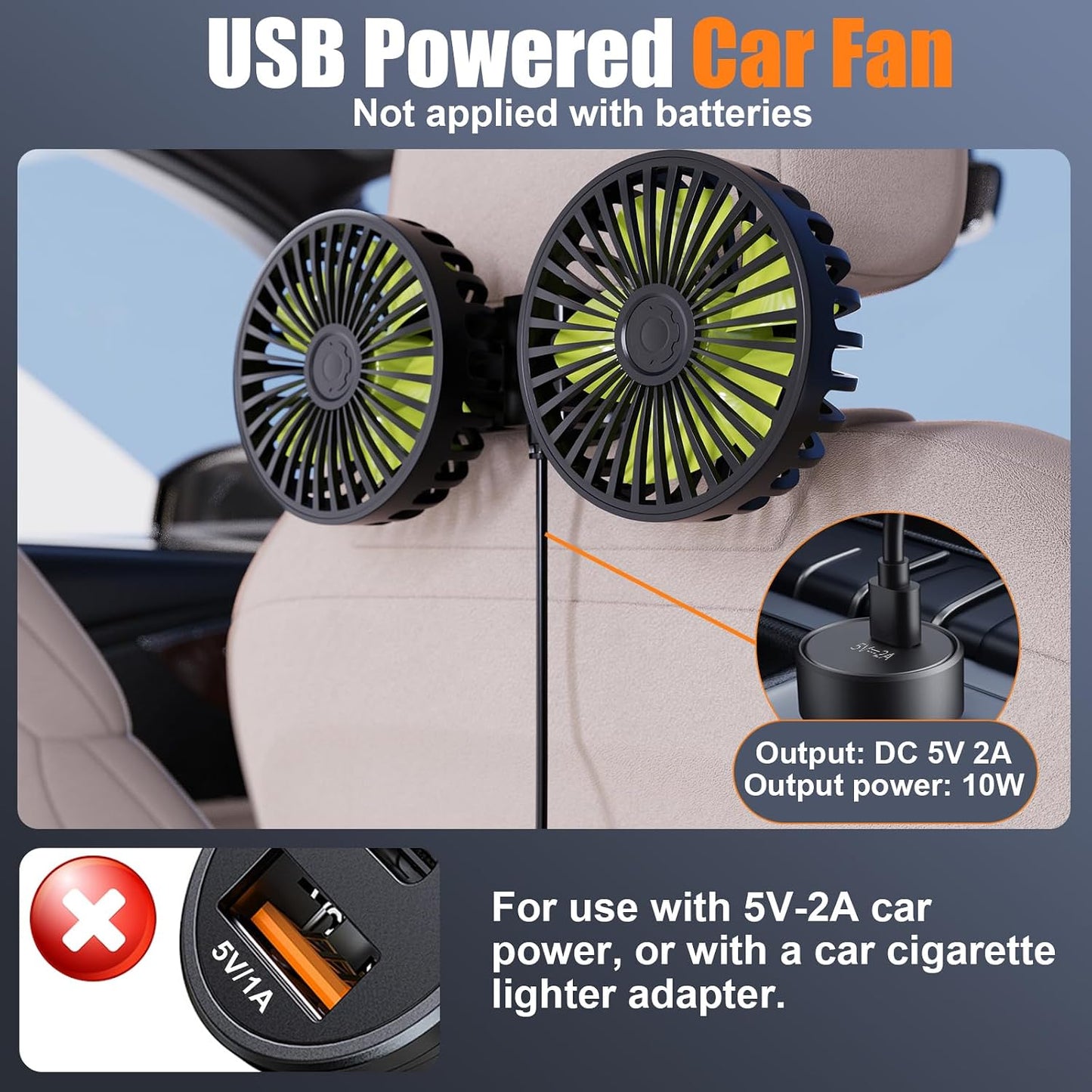 Car Garage Double-headed Fan, 360° Adjustable Angle Car Fan