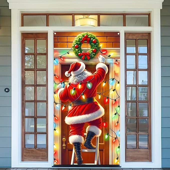 Christmas Decorations Door Cover 71x35 Inch Santa Claus Ladder Lights Door Banner Party Banner Front Door Porch Decor Photography Backdrop Home Kitchen Winter Entryway Decor