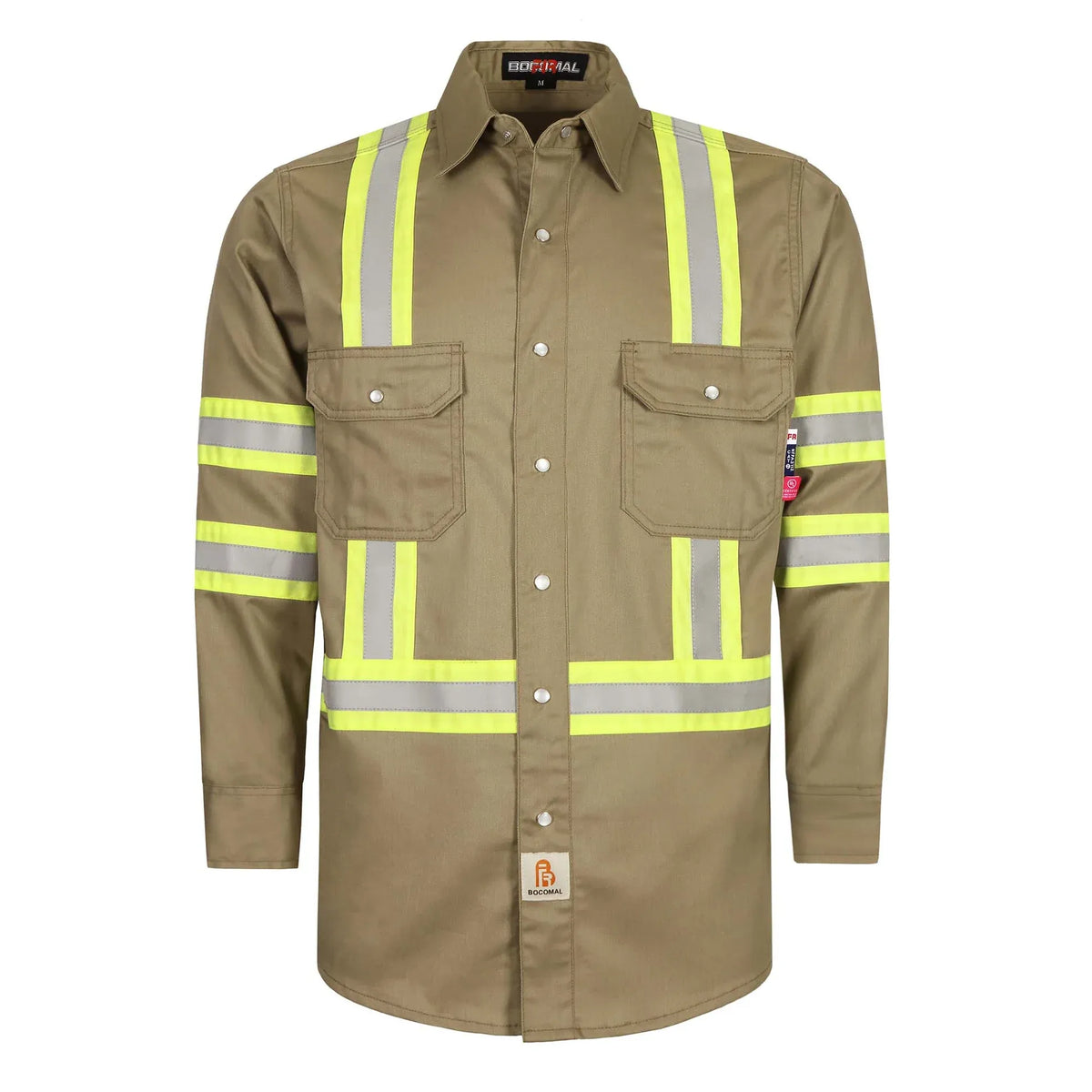 Men's FR Hi Vis Pearl Snap Safety Work Shirt, 7.5oz 100% Cotton Reflective Workwear