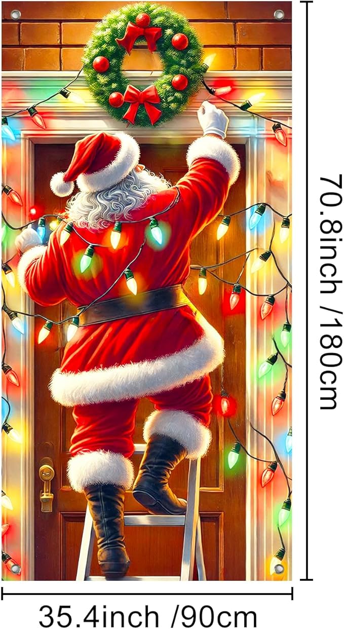 Christmas Decorations Door Cover 71x35 Inch Santa Claus Ladder Lights Door Banner Party Banner Front Door Porch Decor Photography Backdrop Home Kitchen Winter Entryway Decor