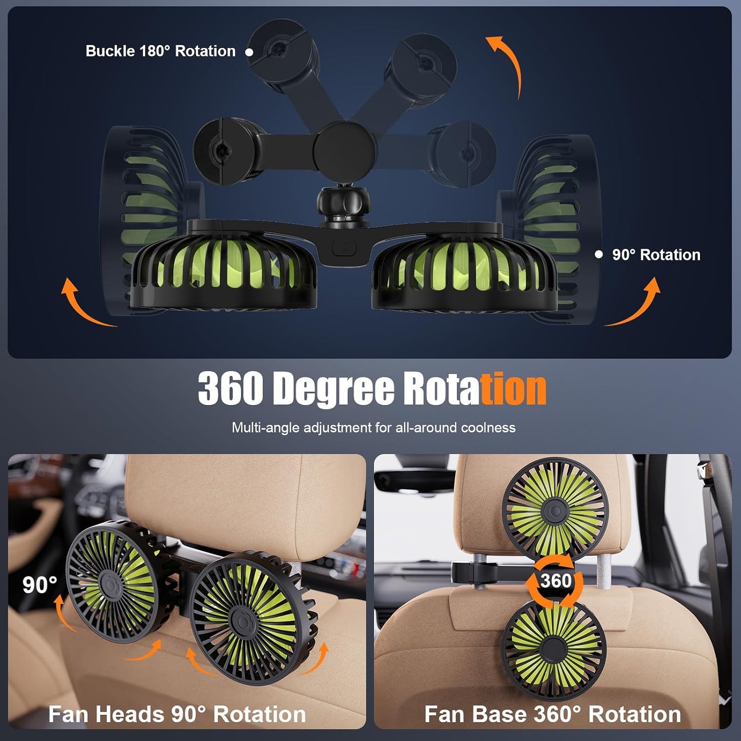 Car Garage Double-headed Fan, 360° Adjustable Angle Car Fan