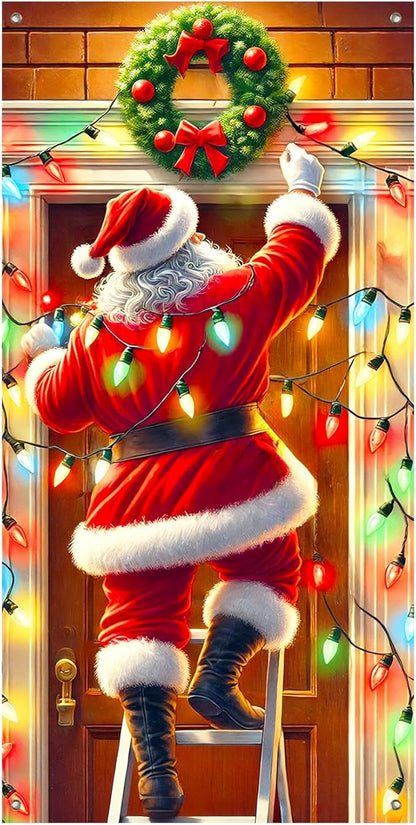 Christmas Decorations Door Cover 71x35 Inch Santa Claus Ladder Lights Door Banner Party Banner Front Door Porch Decor Photography Backdrop Home Kitchen Winter Entryway Decor