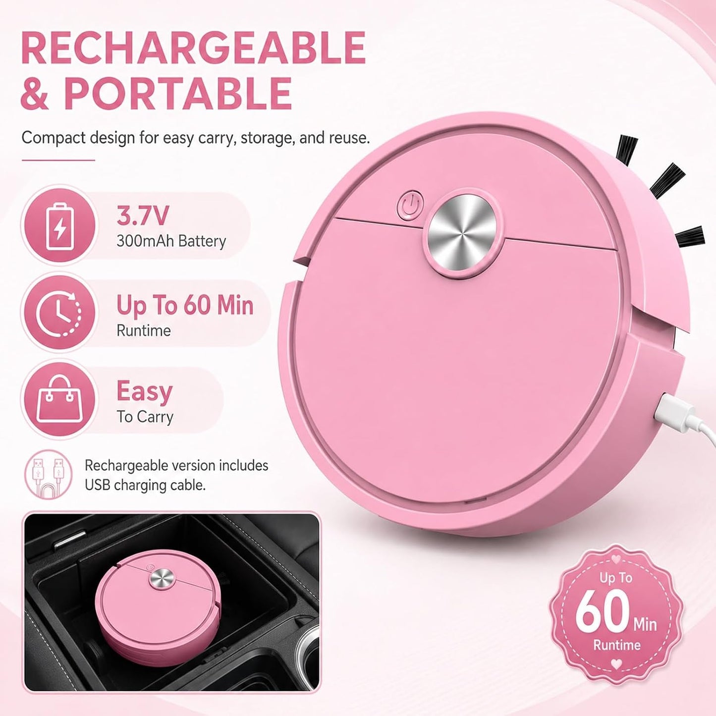 Mini Robot Vacuum Cleaner for Car & Desktop, Rechargeable Smart Automatic Vacuum Robot, Low Noise Portable Cleaner for Dust, Crumbs & Pet Hair
