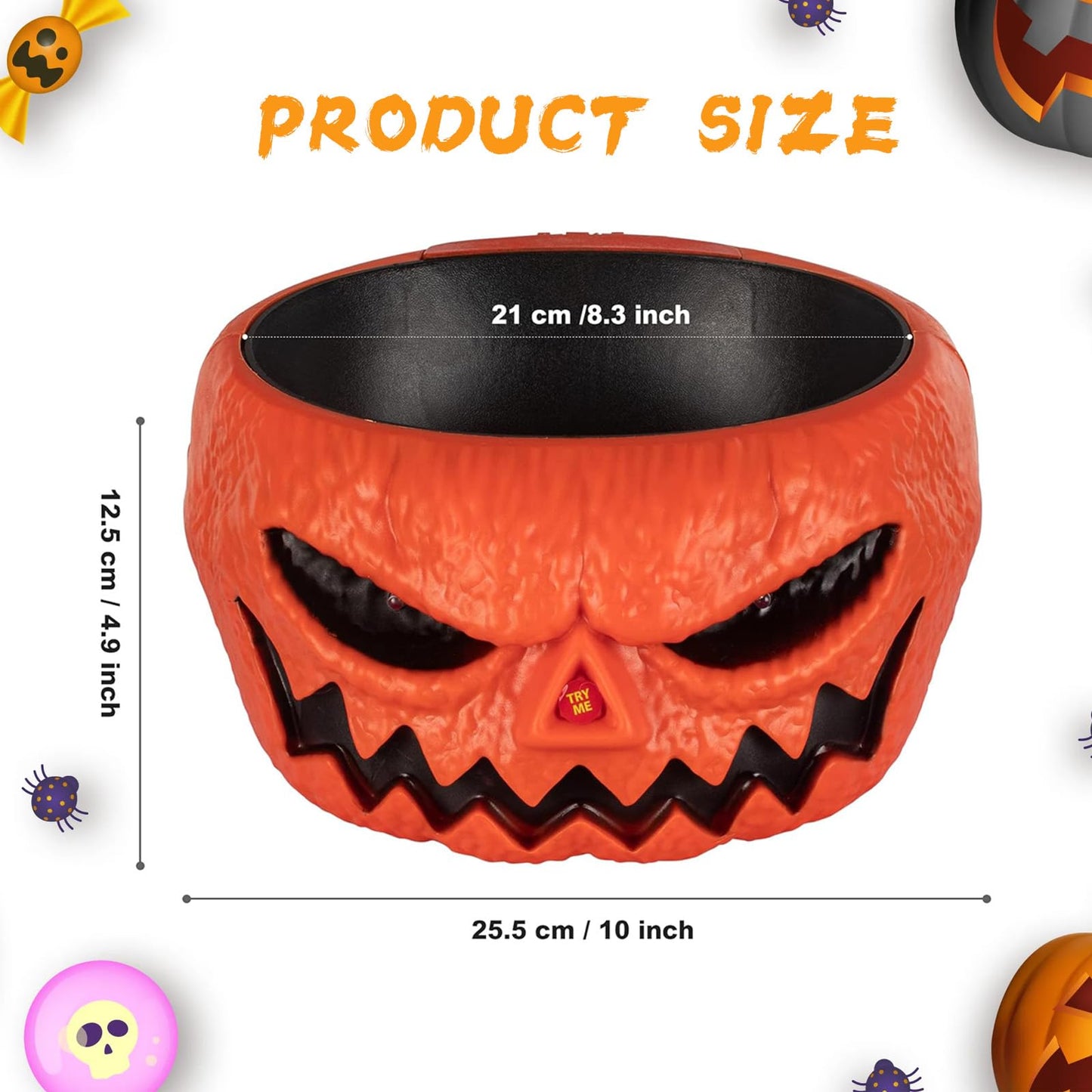 Halloween Candy Bowl, Animated Halloween Skull Pumpkin Bowl, Automatic Sensor/Button Press Scary Candy Dish with Creepy Moving Skeleton Hand and Scream for Trick or Treat to Kids(Pumpkin Style)