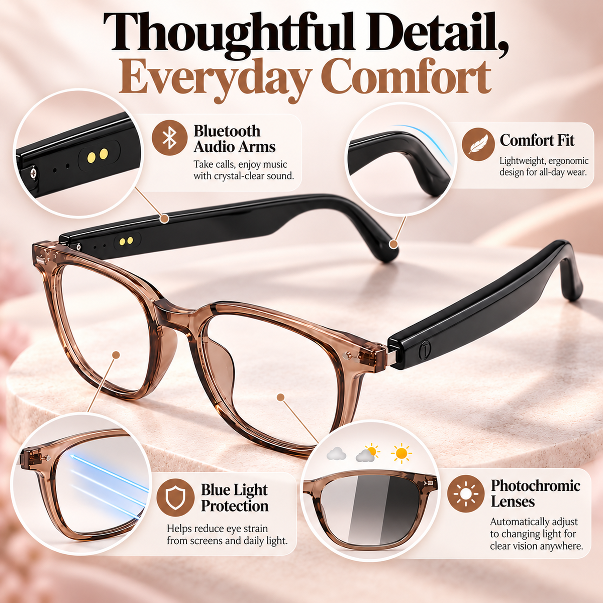 Smart Photochromic Bluetooth Audio Glasses with Anti-Blue Light Lenses