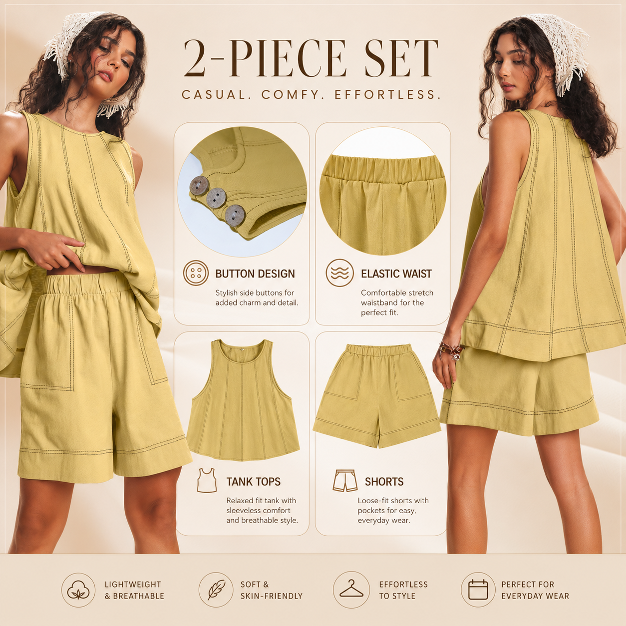 Women's Cotton Two Piece Set Tank Top and Shorts