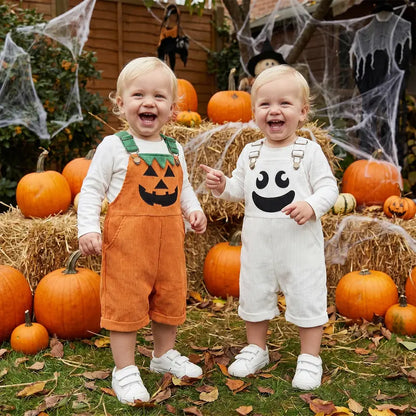 Toddler Baby Boy Halloween Overalls with Pockets Ribbed Devil Face Pattern Sleeveless Jumpsuit