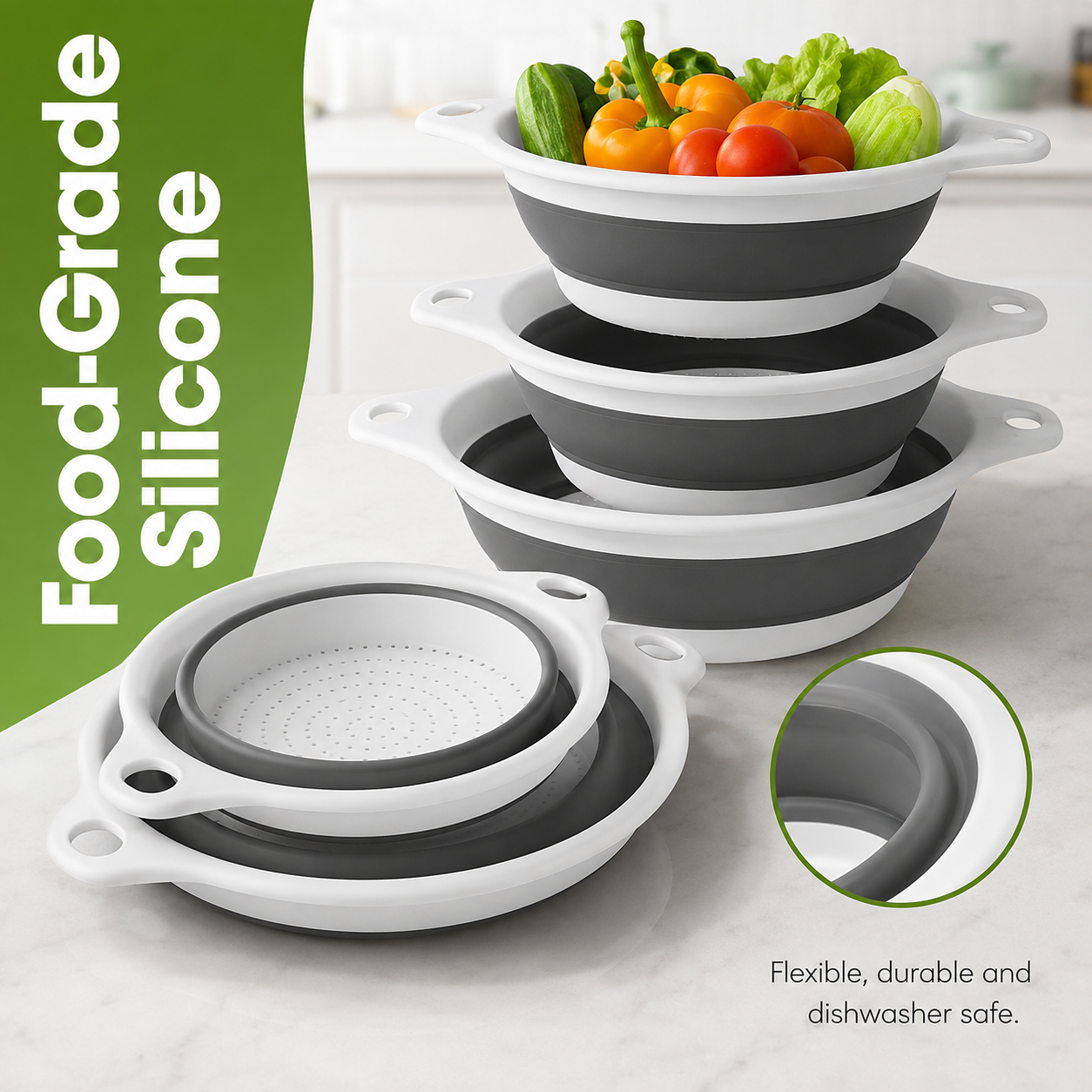 🥗 3-Piece Collapsible Colander Set – With Self-Draining Base Tray ✨
