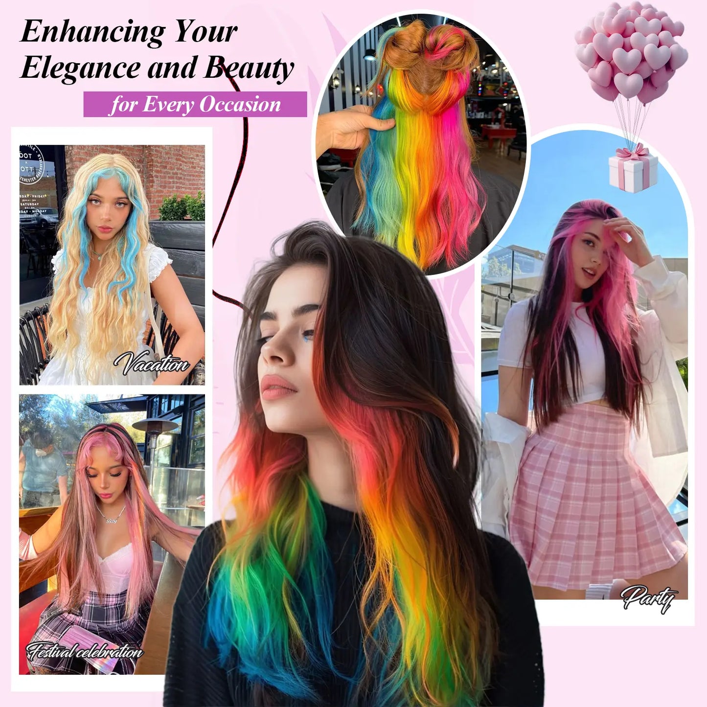 20Inch Rainbow Clip-In Hair Extensions - Vibrant Synthetic Highlights