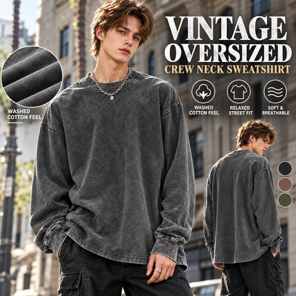Men's Oversized Washed Distressed Cotton Crewneck Sweatshirt