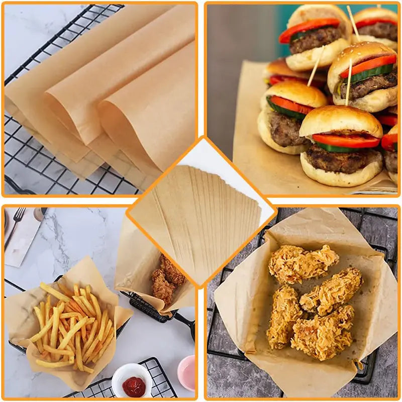 Parchment paper used with sandwiches, burgers, fries and fried foods