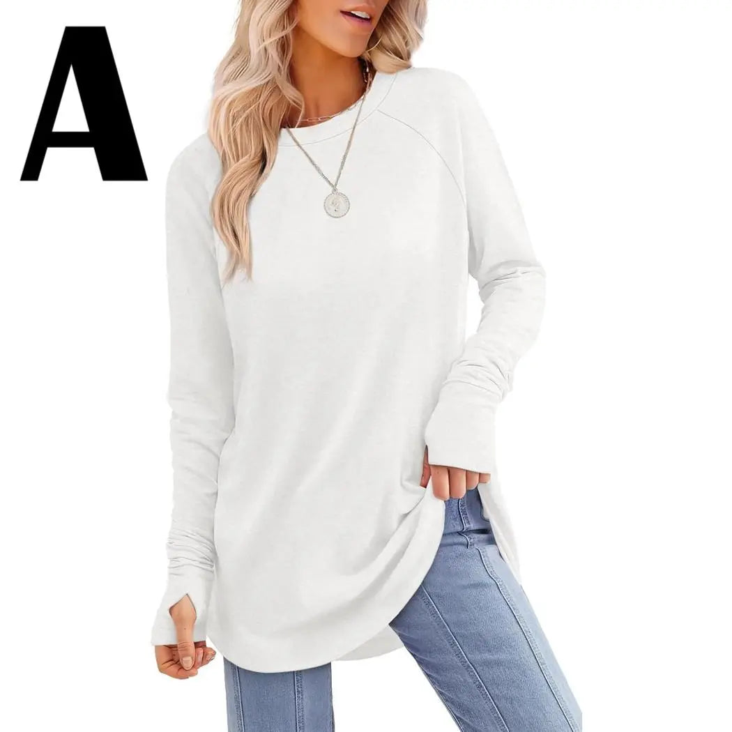 Women’s Casual Tunic Tops with Thumb Holes & Curved Hem