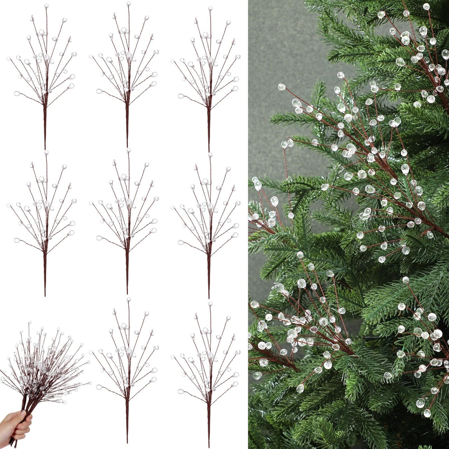 🎄8 Pcs Crystal Christmas Tree Picks, 11.8 Inch with Bead Drop